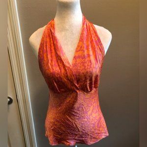 Vintage Express Backless Silk Halter Pink Orange Swirl Size Small